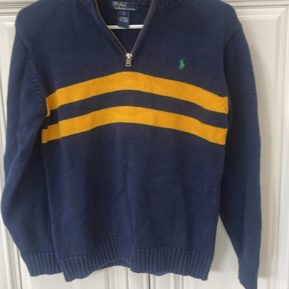 Polo Ralph Lauren Blue Navy Yellow Knit Sweater Logo Pullover Stripe large - Picture 6 of 10